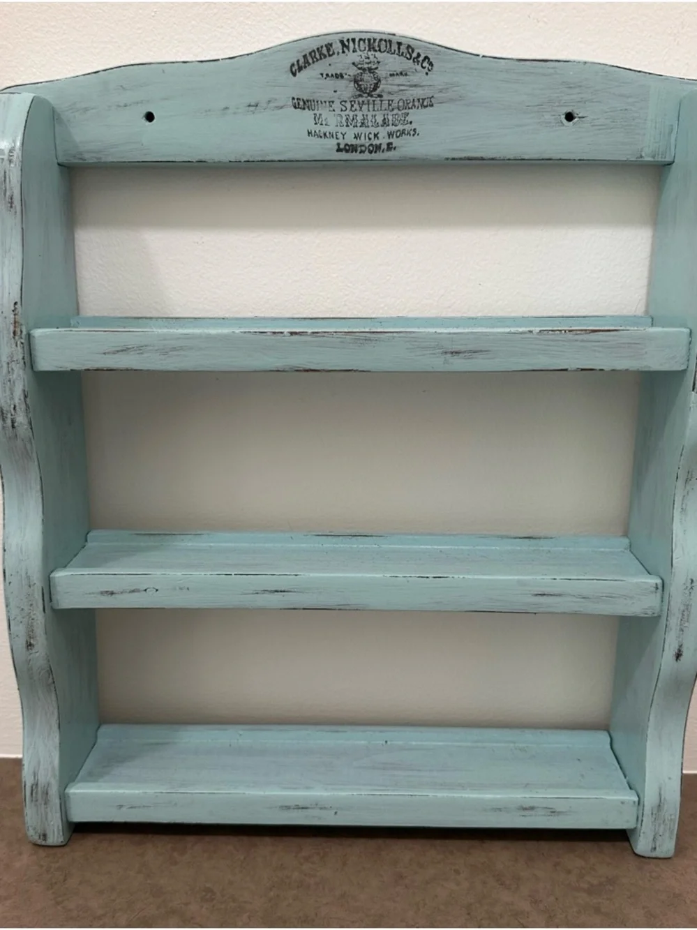 Light Blue Distressed Wooden Wall Shelf for Spices, Oils, Nicknack Collectables